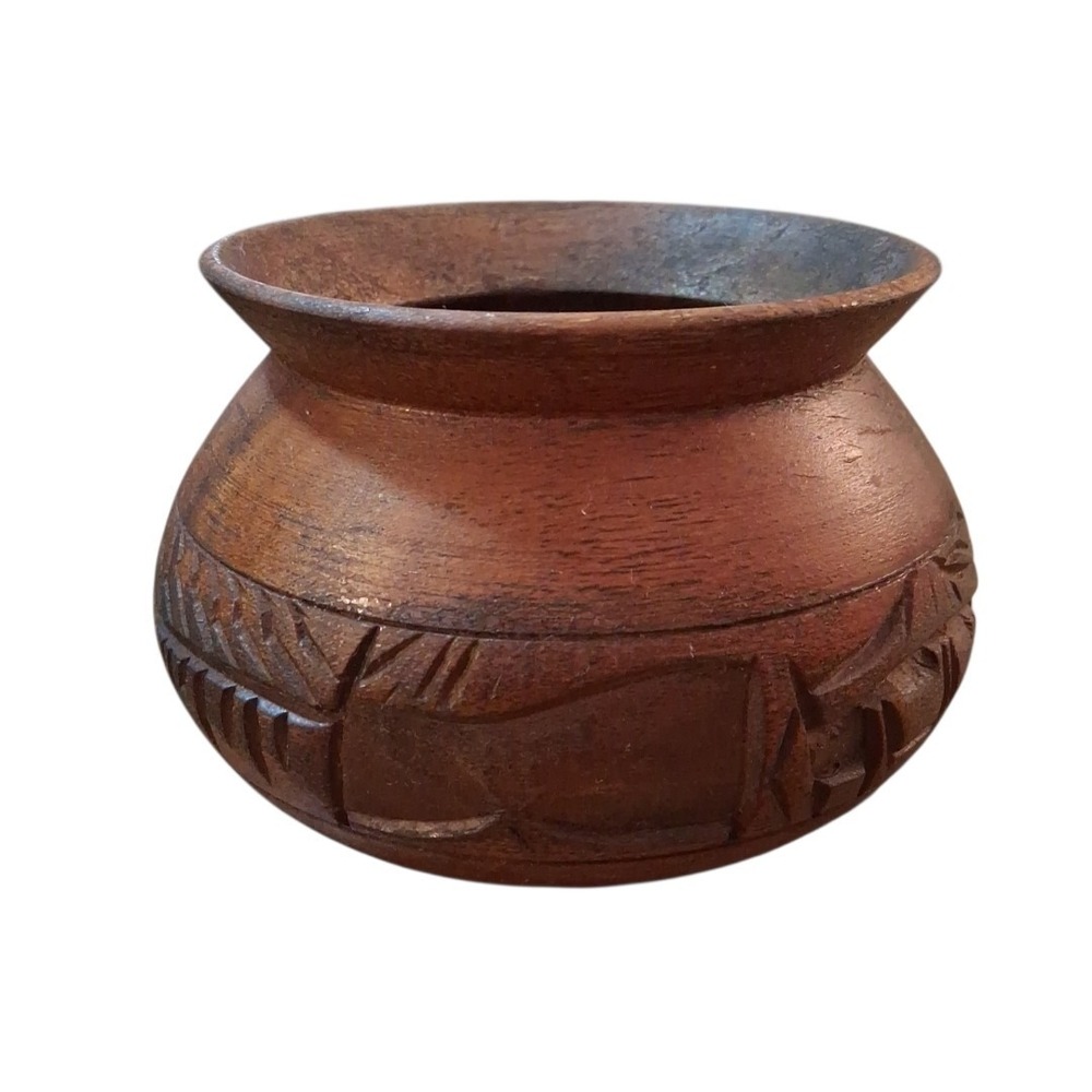 Vtg Genuine Monkeypod Handcarved Design Wood Bowl Planter Fluted Opening 4"Tx6"W